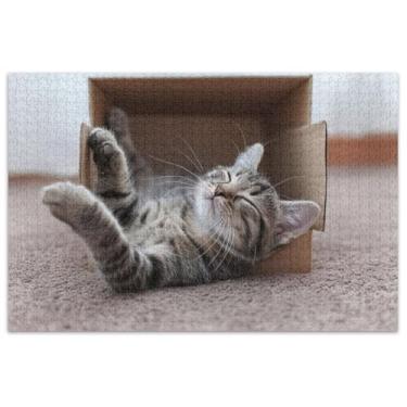 Imagem de Quebra-cabeça de gatinho pequeno relaxante em caixa de papelão 1000 peças para adultos família quebra-cabeça amantes presentes paisagem quebra-cabeças desenhos animados animais