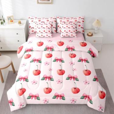 Imagem de jejeloiu Jogo de cama casal com laço e laço kawaii para crianças, meninos, meninas, cereja, 7 peças, decoração de quarto kawaii, rosa claro, microfibra leve e macia