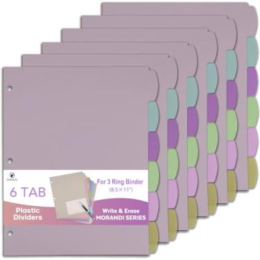 Imagem de 6 conjuntos (36 peças) 6 divisórias de fichário com abas - divisórias de plástico para fichário de 3 anéis - Escreva e apague abas grandes, divisórias de assunto para cadernos, pastas e organizadores