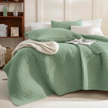 Imagem de Sanracie Jogo de cama King de algodão lavado na pedra (280 cm x 248 cm), verde oliva com estampa de ponto cruz e colcha, 3 peças, extra macio, respirável, enrugado, acolchoado para todas as estações