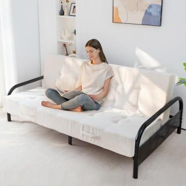 Imagem de MAXYOYO Colchão Futon tamanho casal de 20 cm com alças, sofá-cama dobrável tufada (moldura não incluída), colchão dobrável versátil para dormir no chão, sala de estar e quarto de hóspedes, bege