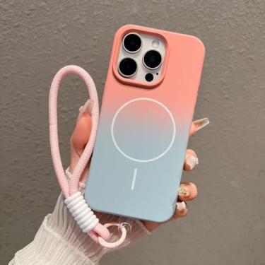 Imagem de Capa magnética colorida de silicone líquido macio com gradiente para iPhone 16, 15, 14 Plus, 13, 12 e 11 Pro Max, à prova de choque, com alça e corda, rosa, para iPhone 16E