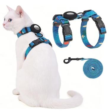 Imagem de VKPETFR Conjunto de coleira e coleira para gatos com suporte de Airtag para caminhadas e viagens, peitoral à prova de fuga para gatos pequenos, médios e grandes, coletes ajustáveis e leves para gatos