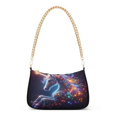 Imagem de Bolsa de ombro colorida com corrente de unicórnio, bolsa de mão Hobo artística para mulheres, bolsa clutch moderna para noite