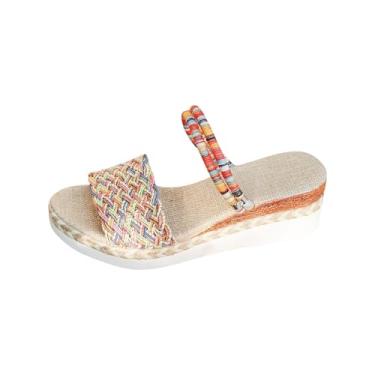 Imagem de Sandálias femininas fashion casual primavera e verão estilo confortável boca de peixe bico aberto estilo étnico colorido tecido de um pé fundo grosso sandálias cunha, Multicor, 39