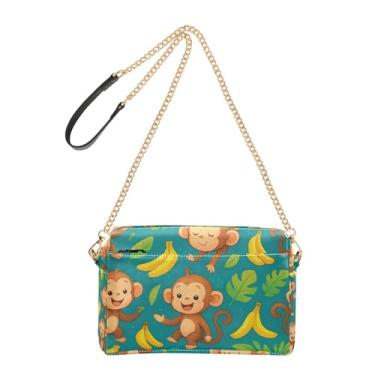 Imagem de Joitme Bolsa de ombro feminina transversal para telefone linda bolsa de ombro de couro PU com alça de corrente lindos macacos bananas verde