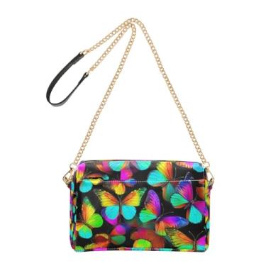 Imagem de Joitme Bolsa tiracolo feminina para telefone com borboletas neon pretas de couro PU com alça de corrente