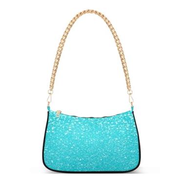 Imagem de Bolsa de ombro com alça de corrente azul turquesa, bolsa feminina Hobo média com zíper, bolsa clutch moderna para uso diário e festa