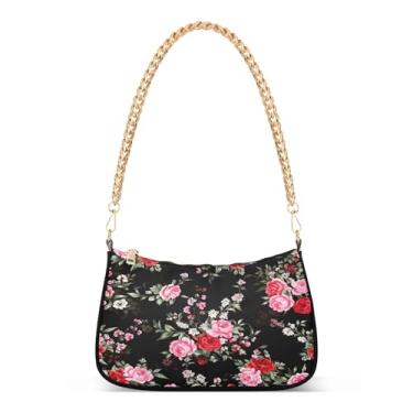 Imagem de Bolsa de ombro floral rosa vermelha com corrente preta, bolsa feminina Hobo média com zíper, bolsa clutch estilosa para uso casual ou noturno