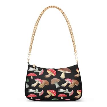Imagem de Bolsa de ombro de corrente preta de cogumelos aquarela, linda bolsa Hobo média para mulheres, bolsa clutch moderna para uso diário ou festa