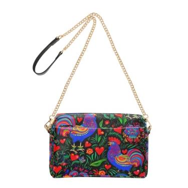 Imagem de Joitme Bolsa feminina transversal para celular bolsa de ombro de couro PU alça de corrente arte popular galos coloridos