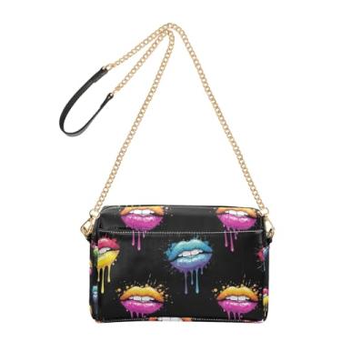 Imagem de Joitme Bolsa feminina transversal para celular com lábios coloridos em couro PU preto com alça de corrente