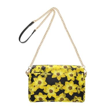Imagem de Bolsa feminina transversal com flores amarelas vibrantes pretas bolsa para celular bolsa de couro PU bolsa de ombro com alça de corrente