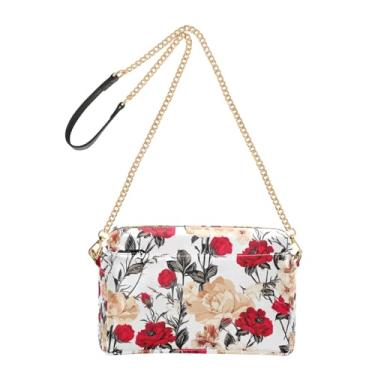 Imagem de Joitme Bolsa feminina transversal para celular floral vermelho bege branco PU bolsa de ombro com alça de corrente
