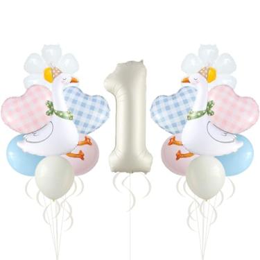 Imagem de One Silly Goose Decorações de festa 21 peças de balões de látex rosa pastel macaron rosa azul e branco marfim com coração xadrez de margarida de ganso número 1 balões de alumínio para suprimentos de