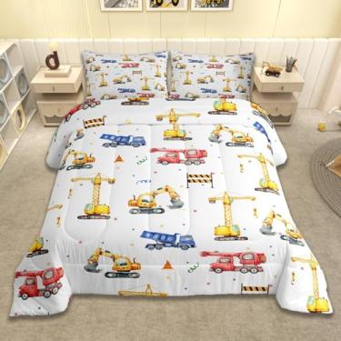 Imagem de Feelyou Conjunto de edredom casal com caminhões, escavadeira, para crianças, meninos, meninas, veículos de construção, edredom para decoração de quarto, microfibra, 3 peças com 2 fronhas