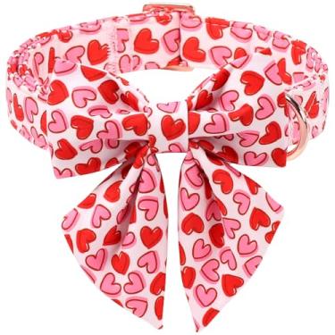 Imagem de Babole Pet Coleira de Dia dos Namorados com laço de senhora - Coleira fofa para cães com gravata borboleta de coração vermelho e rosa, fivela de metal ajustável para cães pequenos, médios e grandes, P