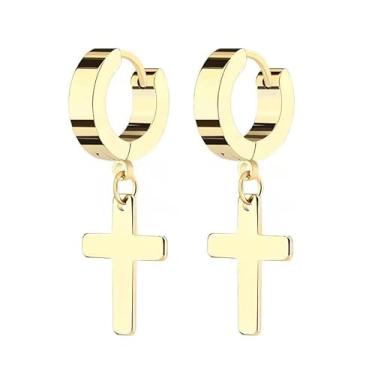 Imagem de Brincos de argola de aço inoxidável com cruz simples – Design de cruz versátil e elegante para orelhas perfuradas e não perfuradas, Standard, Aço inoxidável, Sem pedra preciosa