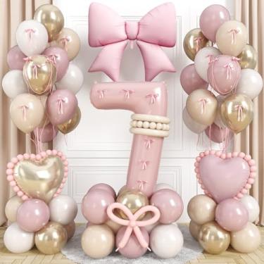 Imagem de Number 7 Balloon, Blush Light Pink Gold Beige White Sand Latex Balloons 40 Inch 7 Birthday Balloons Bow Heart Foil Balloon with Ribbon Bow for Boho Girls 7th Birthday Anniversary Party Decorations