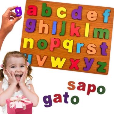 Imagem de Presente infantil brinquedo educativo de encaixar letras ou números de madeira alfabetização pedagógico para escola creche consultório natal aniversário crianças 3 4 5 6 anos (Alfabeto)