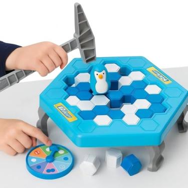 Imagem de Jogo Quebra Gelo do Pinguim, Brinquedo Educativo Interativo com Martelinhos, Azul e Vermelho, 38 Blocos de Gelo, +3 Anos