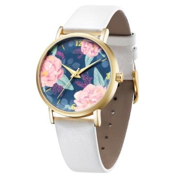 Imagem de BOSHIYA Relógios de pulso femininos de couro, mostrador grande, estampa floral, analógico, quartzo, Relógio de couro impresso - branco 23