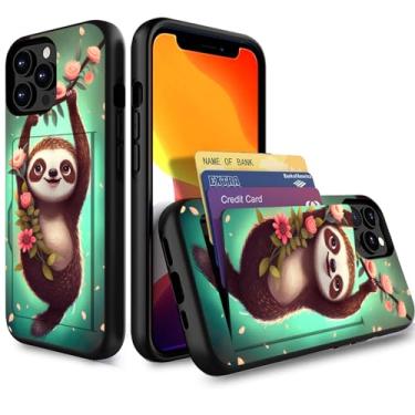 Imagem de Vobber Capa para iPhone 15 Pro, capa carteira com compartimento para cartão oculto à prova de choque TPU e capa protetora de camada dupla para iPhone 15 Pro 6,1 polegadas 2023, preguiça fofa