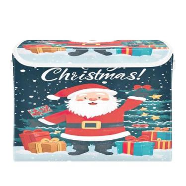 Imagem de SEHANY Linda caixa de armazenamento de Papai Noel de Natal com tampas e alças, organizador de cestas de armazenamento de tecido dobrável, caixas de armazenamento de cubos grandes para roupas, cobertor
