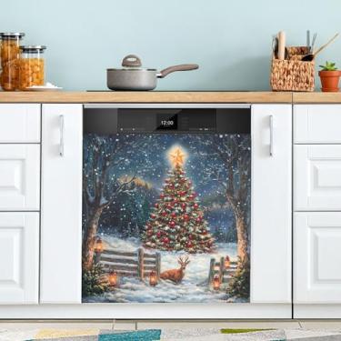 Imagem de xigua Capa magnética para máquina de lavar louça de veado de árvore de Natal, adesivos magnéticos decorativos antiarranhões para painel de geladeira e lava-louças, decoração personalizada de cozinha