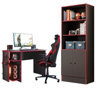 Imagem de Mesa para Computador 3875 e Armário Gamer 4095 Preto Fosco Vermelho - 