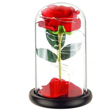 Imagem de Kit de Rosa Beauty and The Beast Seda Vermelha com 10 Luzes LED em Domo Vidro Base Madeira para Amante Casamentos Aniversários