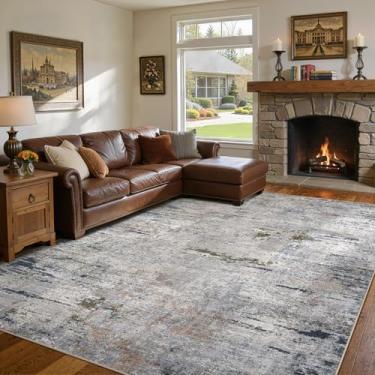 Imagem de DMOYEST Tapete para sala de estar – 25,5 x 35,5 cm, lavável, grande, macio, neutro, moderno, abstrato, tapete baixo para quarto, sala de jantar, casa de fazenda, escritório em casa - azul/cinza/marrom