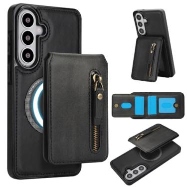 Imagem de Carteira removível para Samsung Galaxy S26 compatível com Magsafe, capa de carregamento sem fio com suporte para cartão, bolso com zíper, suporte 2 em 1, capa à prova de choque (preto)