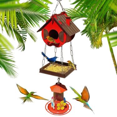 Imagem de Comedouro e Bebedouro para Pássaros Silvestres + Bebedouro para Beija-flor – MDF Artesanal, Edição Limitada, Decoração para Jardim(Vermelho)