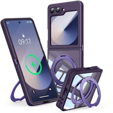 Imagem de 【Suporte magnético de rotação de 360°】 Capa para Galaxy Z Flip 6/5 【Adequada para MagSafe e Pixelsnap】 Capa com suporte de anel 【transparente sem cristal amarelo】 Capa para celular Samsung Galaxy Z