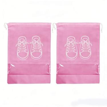 Imagem de Pacote com 2 sacos de armazenamento de sapatos respiráveis com cordão organizadores essenciais para viagem casa armário academia, rosa, 14.1x10.4 in, Simples