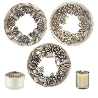 Imagem de 3 peças de velas de metal bronze antigo para velas de jarra, capa de vela, tampa de velas perfumadas decorativas de liga de zinco para quarto, sala de estar, escritório