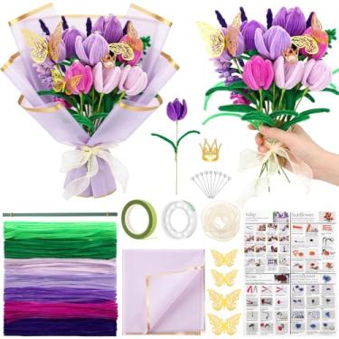 Imagem de Sinload 290 peças de limpadores de cachimbo de flores, kit de artesanato para buquê DIY com papel de embrulho de flores tutoria, limpadores de cachimbos, suprimentos para projetos de arte e artesanato