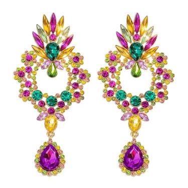 Imagem de Brincos de Mardi Gras para mulheres, roxo, amarelo, verde, cristal, brincos leves, pendentes de lágrima, anéis de orelha, anéis de orelha vibrantes para festa de carnaval, acessórios para presentes