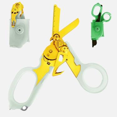 Imagem de LEEPENK Tesoura de trauma multifuncional 6 em 1 com cortador de alça e disjuntor de vidro, com coldre luminoso para ferramenta de emergência de acampamento ao ar livre (ouro luminoso)