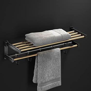 Imagem de Toalheiro de alta qualidade dourado preto, prateleira dobrável para banheiro, barra de toalha, suporte de papel higiênico, ganchos de roupão, kit de acessórios de banheiro banheiro (cor: Toalheiro de