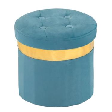 Imagem de xuperbonus Otomano dobrável de armazenamento, otomano redondo com acabamento dourado, pequeno otomano de armazenamento de veludo, banco para pés com assento acolchoado macio, armazenamento de