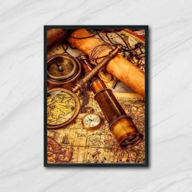 Imagem de Quadro Cartografia Com Lupa E Luneta 45X34Cm Com Vidro Preta