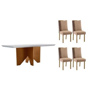 Imagem de Conjunto: Mesa Sala Jantar Nevada Curvo 120cm + 4 Cadeiras Tilia Madeira Naturale/Off White - Capuccino/Linho Capuccino - Rufato