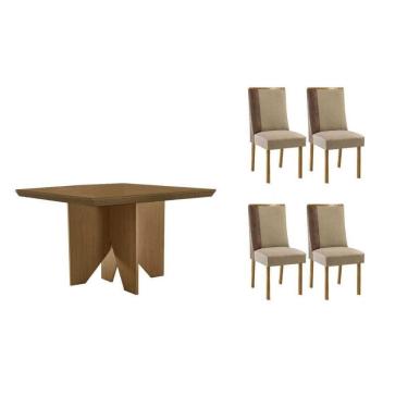 Imagem de Conjunto: Mesa de Cozinha Nevada c/ Tampo Madeirado Canto Curvo 90x90cm e 4 Cadeiras Tilia Madeira Maciça Naturale - Capuccino/Suede Creme - Rufato