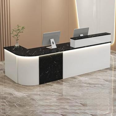 Imagem de Balcão de recepção moderno com bandeja de teclado, balcão de caixa de varejo para saguões e salões - acabamento em mármore, 150 x 60 x 100 cm