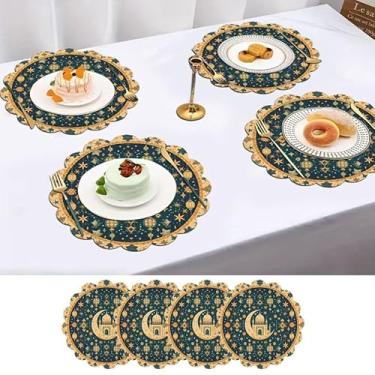 Imagem de Conjunto de 4 tapetes de pano de fundo verde Ramadã com estrela amarela, presentes Ramazan, redondos, 35 cm, laváveis para casa, cozinha, mesas de jantar e restaurantes, antiderrapantes, fáceis de