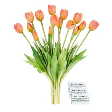 Imagem de soluxetech Tulipas artificiais com aroma de flores, branco, amarelo, rosa, laranja, tulipas falsas realistas, flores falsas para festas de casamento, festivais, decoração de casa e escritório (laranja
