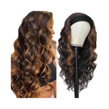 Imagem de Peruca Sintética Longa Ondulada Com Faixa, Destaques Pretos, Castanhos