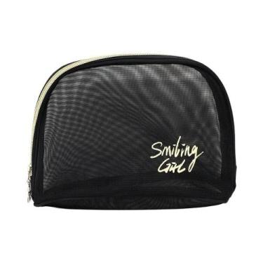 Imagem de Bolsa De Cosméticos Feminina Grande Capacidade Em Malha Preta, Organiz